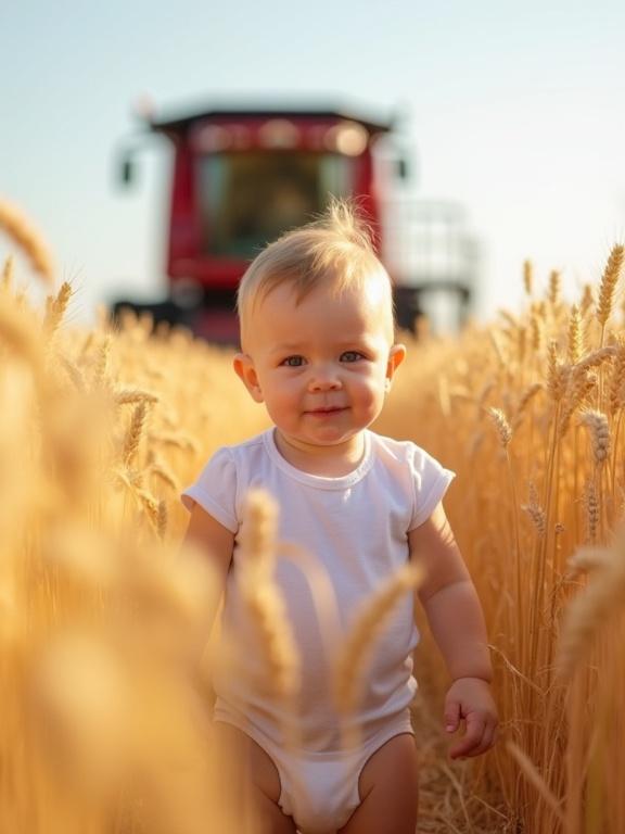 A baby stands in a golden wheat field. The baby wears a white onesie and diaper. The baby looks at the camera with a curious expression. Tall stalks of wheat surround the baby. The scene is under a bright sunny sky. A large red combine harvester is in the background. The atmosphere is serene and rustic with nature and machinery.