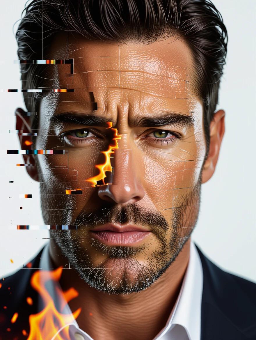 Intense close-up of a man's face with glitch effects. Flames and embers flow across features. Heat distortions ripple subtly. Dramatic lighting creates high contrast shadows with emotional impact.