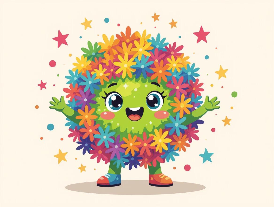 A joyful and whimsical character covered in colorful flowers stands with arms spread wide. The character has a cheerful face, sparkling eyes, and wears shoes. Behind the character, stars and colorful dots add to the vibrant atmosphere.