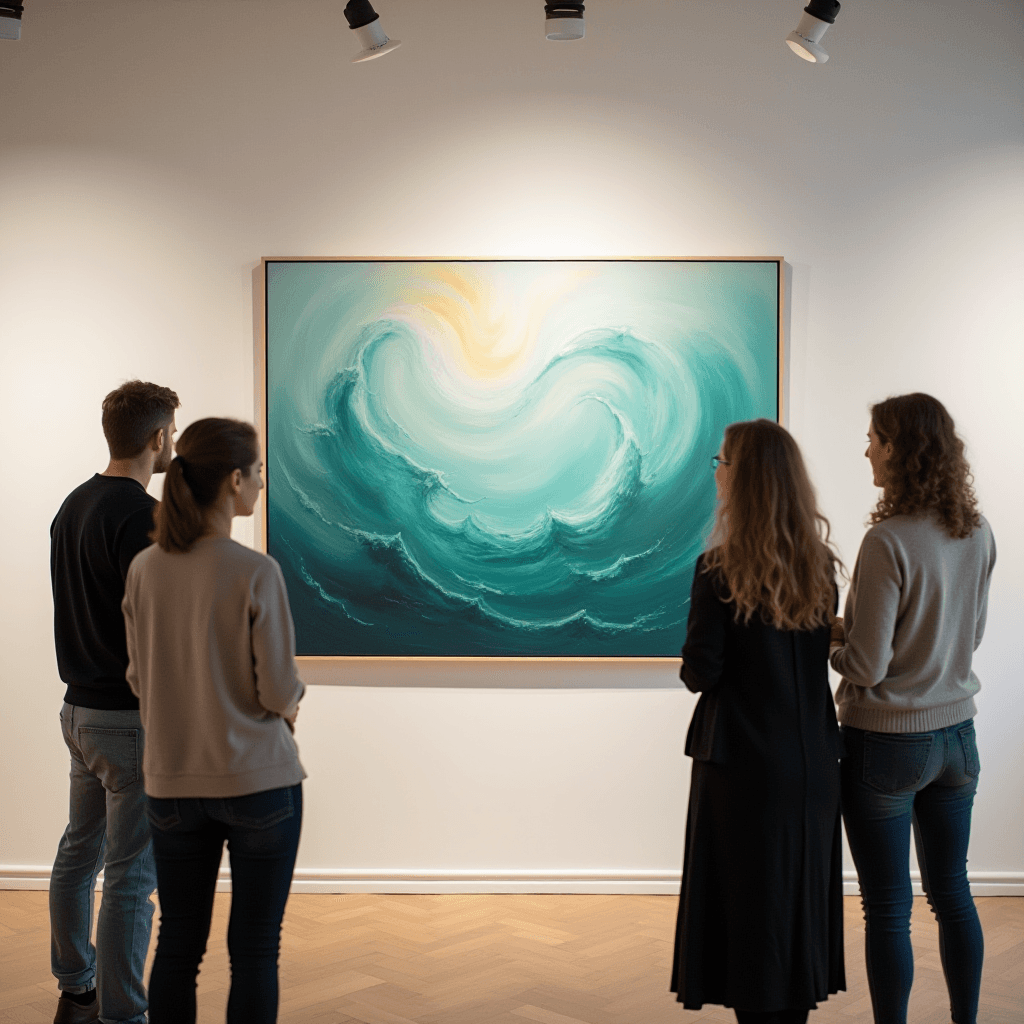 The image depicts a group of four people standing in an art gallery, observing a large painting. The painting features a swirling, abstract representation of ocean waves, predominantly in shades of teal, with hints of golden light radiating from the top. The artwork is framed and mounted on a white wall, with track lighting illuminating its vibrant colors. The floor of the gallery is made of light wood, accentuating the calm and contemplative atmosphere. The observers appear engaged, suggesting a reflective interaction with the artwork.