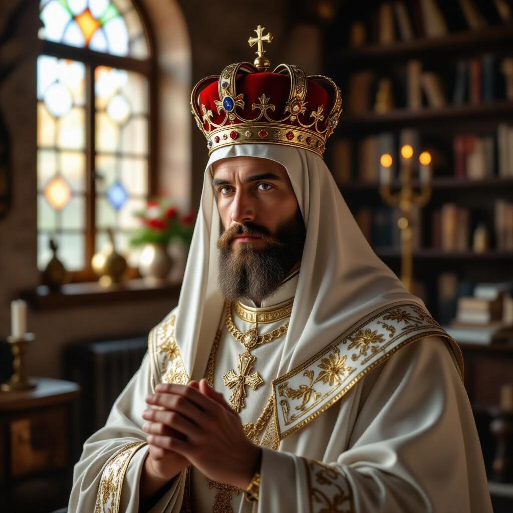 Saint Nectarius wears a detailed crown and robe. He stands in an indoor setting with a library. Light comes through the windows creating a warm atmosphere.