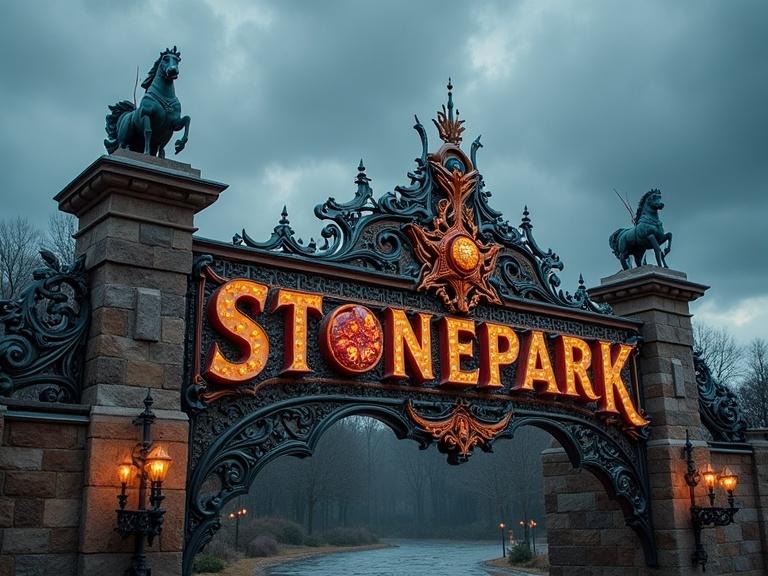 Large ornate stone structure creating a sign saying STONEPARK. Detailed metal parts and statues. Colorful elements catching light. Dark cloudy sky. Moody atmosphere. Camera move from left to right.