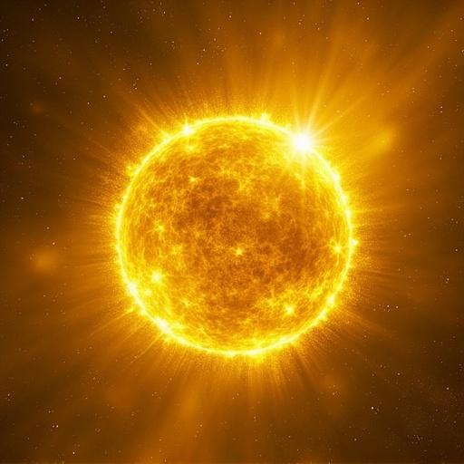 Deep Space Sparkle style. Electric-yellow color palette. Bright sun in the center with intense light flares surrounding it.