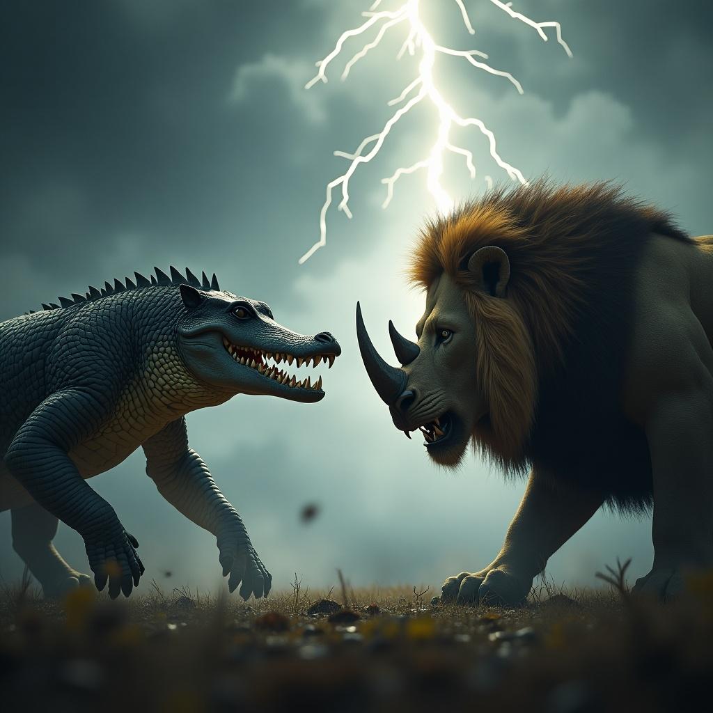 Intense scene of a fierce crocodile and lion face to face. Both exhibit fierce expressions. Crocodile has a mane. Lion shows powerful presence. Dramatic stormy background with dark clouds. Flashes of lightning enhance the confrontation's intensity. Additional image of a lion-rhinoceros hybrid creature. Monstrous appearance with stormy background, creating a terrifying vibe.