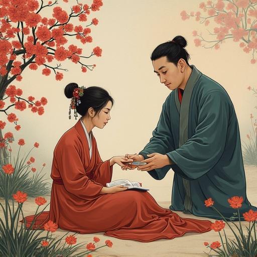 Animated style couple exchanging gifts in a serene setting with flowers around them. They wear traditional clothing. The atmosphere is peaceful and romantic.