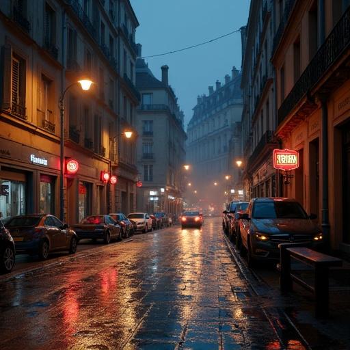 vista de un callejón sucio de París con lluvia por la noche, automóviles estacionados, ambientación de 1998.