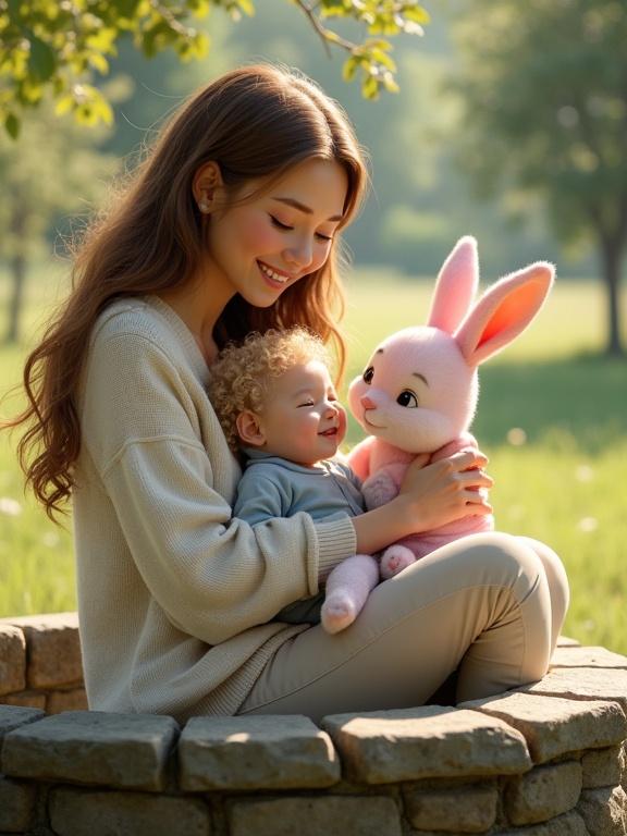 A young woman with long brown hair sits on the edge of an old stone well. She wears a cozy white sweater. In one arm, she holds a curly blonde baby in a light blue onesie. The baby looks up at her with a smile. A large pink rabbit sits beside them. They all share warm smiles. The background is a grassy field with scattered trees and soft sunlight.