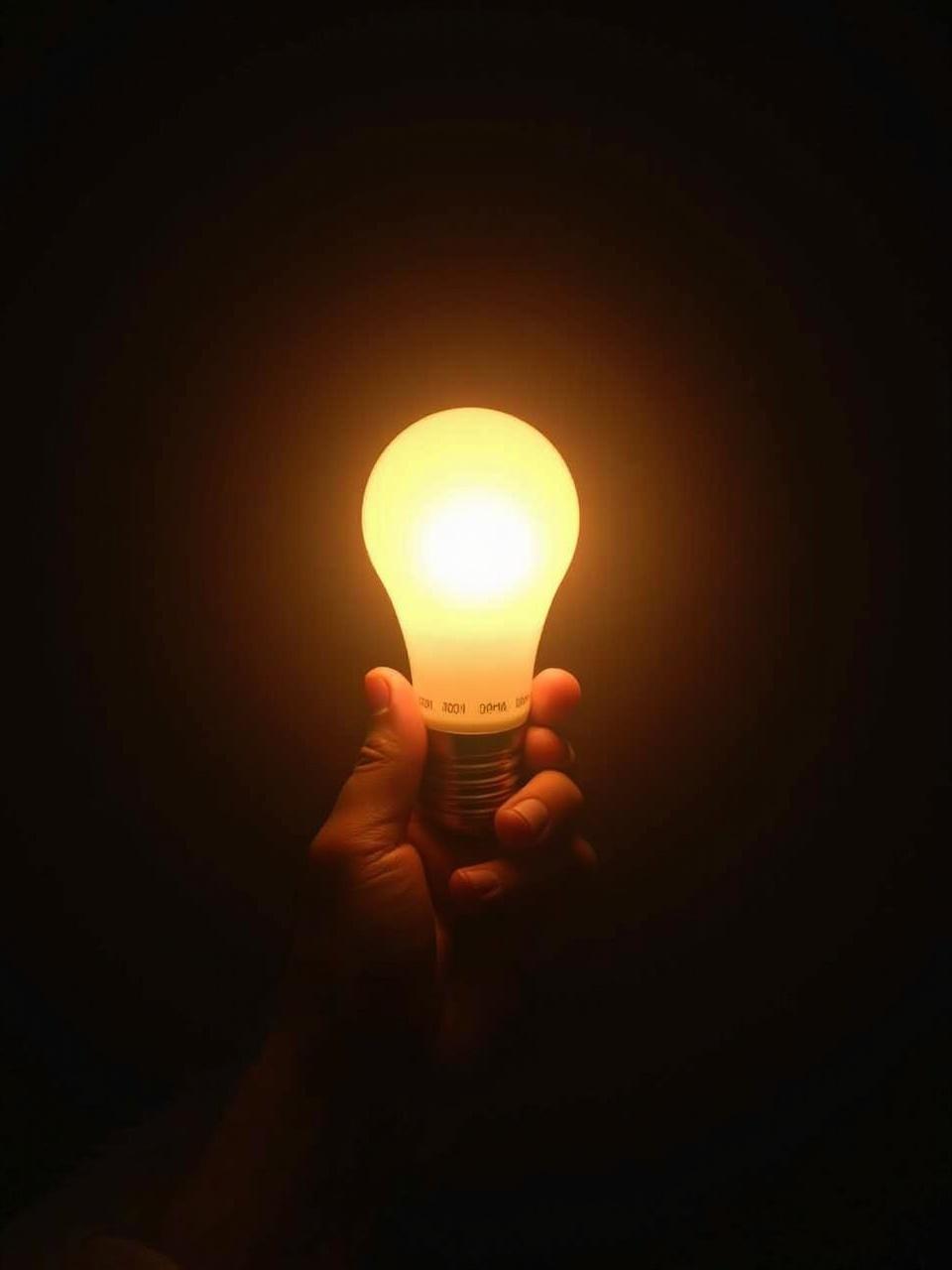 The image captures a hand holding a glowing light bulb in an otherwise dark setting. The bulb emits a warm, yellowish glow that softly illuminates the hand, creating a contrast between light and shadow. This simple yet powerful imagery suggests themes of enlightenment, creativity, and the emergence of ideas.