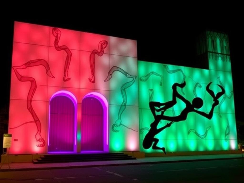 A building illuminated at night with vibrant red and green lights and artistic silhouettes.