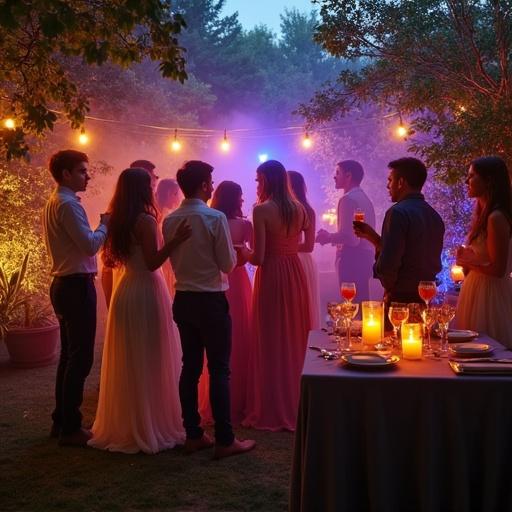 Photographic image of elegantly dressed young adults in a garden venue at night. Some dance and some drink cocktails surrounded by colorful lights and illuminated plants. Tables with candles and cocktail glasses present.