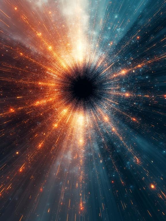 Create an abstract book cover image featuring a luminous nexus of energy. This should symbolize a cosmic metamorphosis. Include streaks of light and complex geometric patterns radiating outwards. Depict fragmented old structures disintegrating near the nexus. Use translucent layers of energy in deep cosmic colors. Ensure high-contrast lighting with vibrant highlights.
