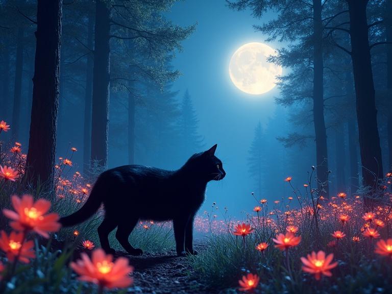 Black cat in moonlit forest surrounded by vibrant glowing flowers. Depth of field adds enchantment. Evokes a sense of mystery and serenity.