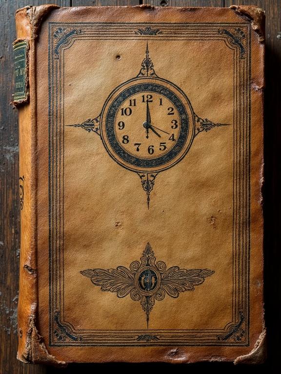 Close-up of the cover of an old and worn leather book. The cover has a clock design. Emphasis on the texture that shows age.