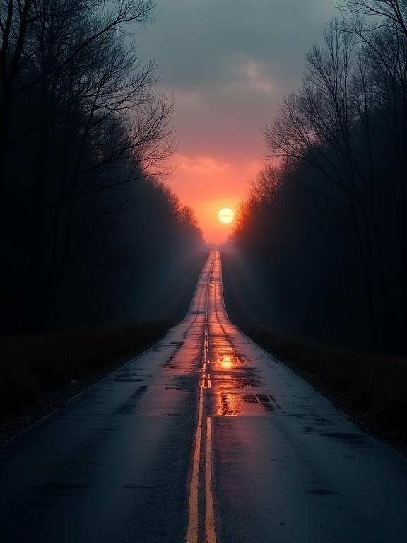 Digital watercolor painting depicting a serene sunrise over a winding road. The road is wet with puddles that reflect the colors of the twilight sky. Surrounding trees are silhouetted against the morning light. Emphasizes a feeling of peace at the end of sadness.