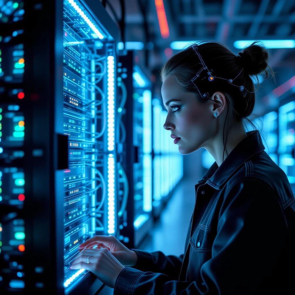 A user engages with complex server systems. Bright LED lights illuminate the scene. A cool color palette enhances the modern feel. The setting conveys a blend of technology and futurism.
