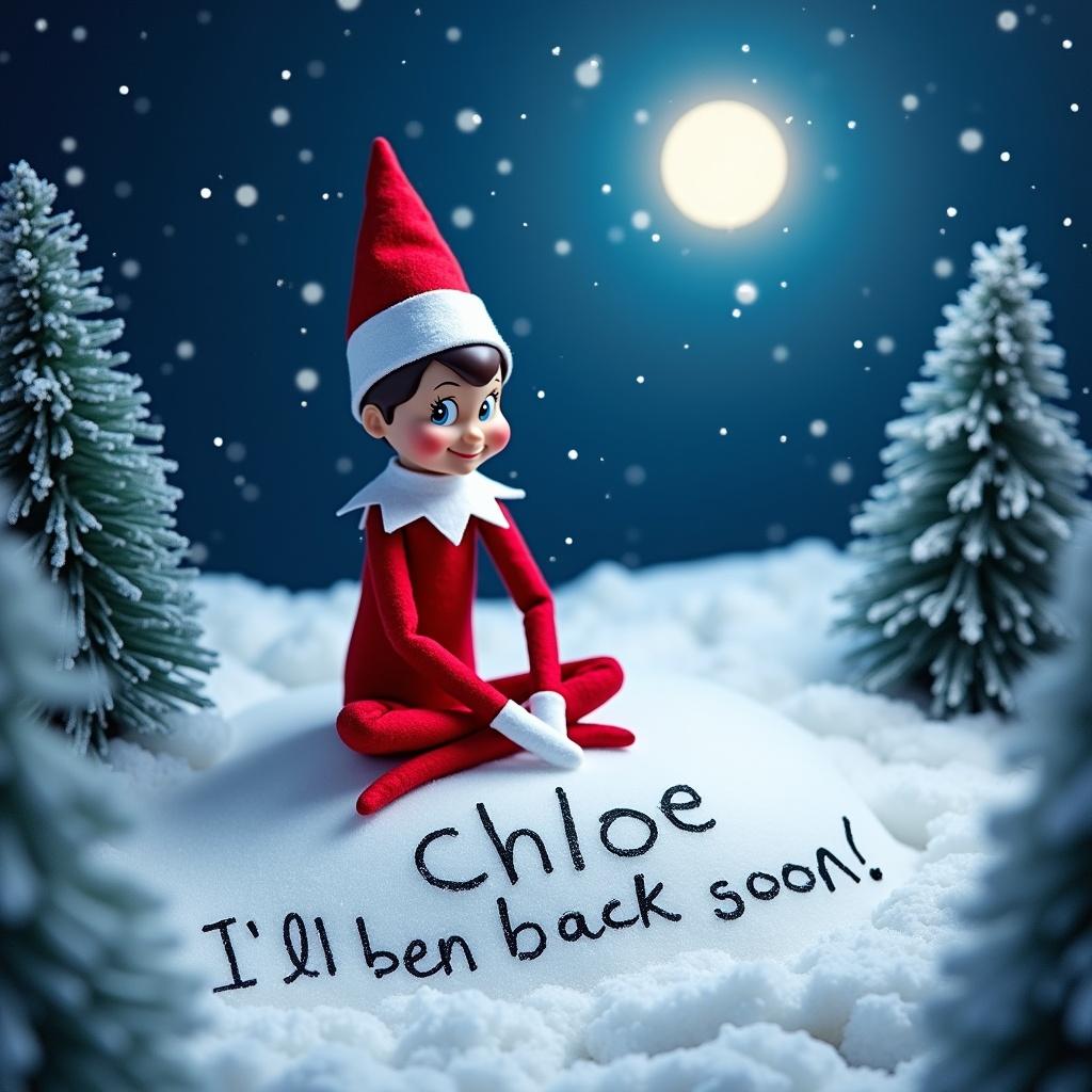 A snowy nighttime scene featuring an Elf on the Shelf dressed in red and white clothes. The elf is sitting cross-legged in the snow with the name 'Chloe' and the message 'I’ll be back soon!' written in the snow. A starry night sky with a glowing moon and gently falling snowflakes in the background. Surrounding trees frame the scene, enhancing the festive atmosphere.