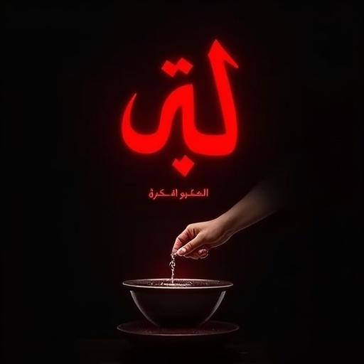 Bold red Arabic text on a dark background. Hand pouring water into a bowl. Text overlay says 'لا تُشرك بالله'. Style features dramatic contrast and minimalism.