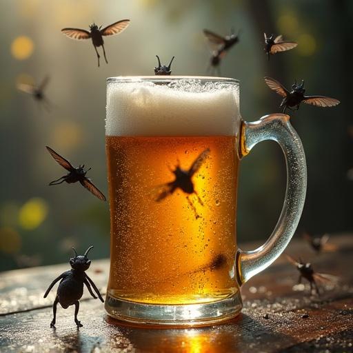 A glass mug filled with beer is on the left side. The mug is covered in condensation. Flying around are ten small demons.