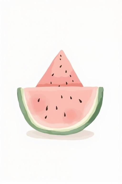 Soft pastel illustration depicts watermelon in gentle muted tones. Composition is simple with subtle shading. Background is plain white. Style is minimalist and warm, suitable for children.