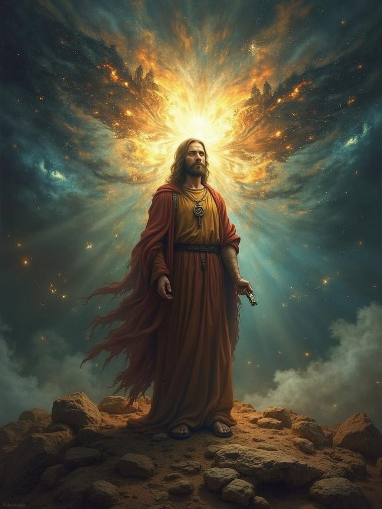 A figure stands on rocks with hands outstretched. Behind is a radiant light. Heavenly scene with swirling patterns. Questions of the soul are evoked. Themes of good and evil are explored. Spiritual enlightenment is visualized.