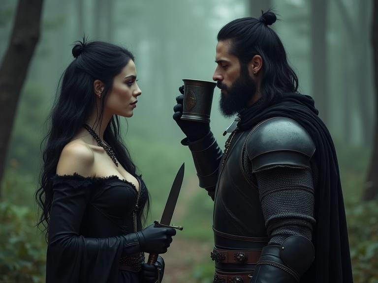 Forest scene with a woman in gothic attire and a man in dark armor. The woman holds a knife and speaks to the man, who drinks from a Viking mug. Soft lighting enhances a mystical ambiance.