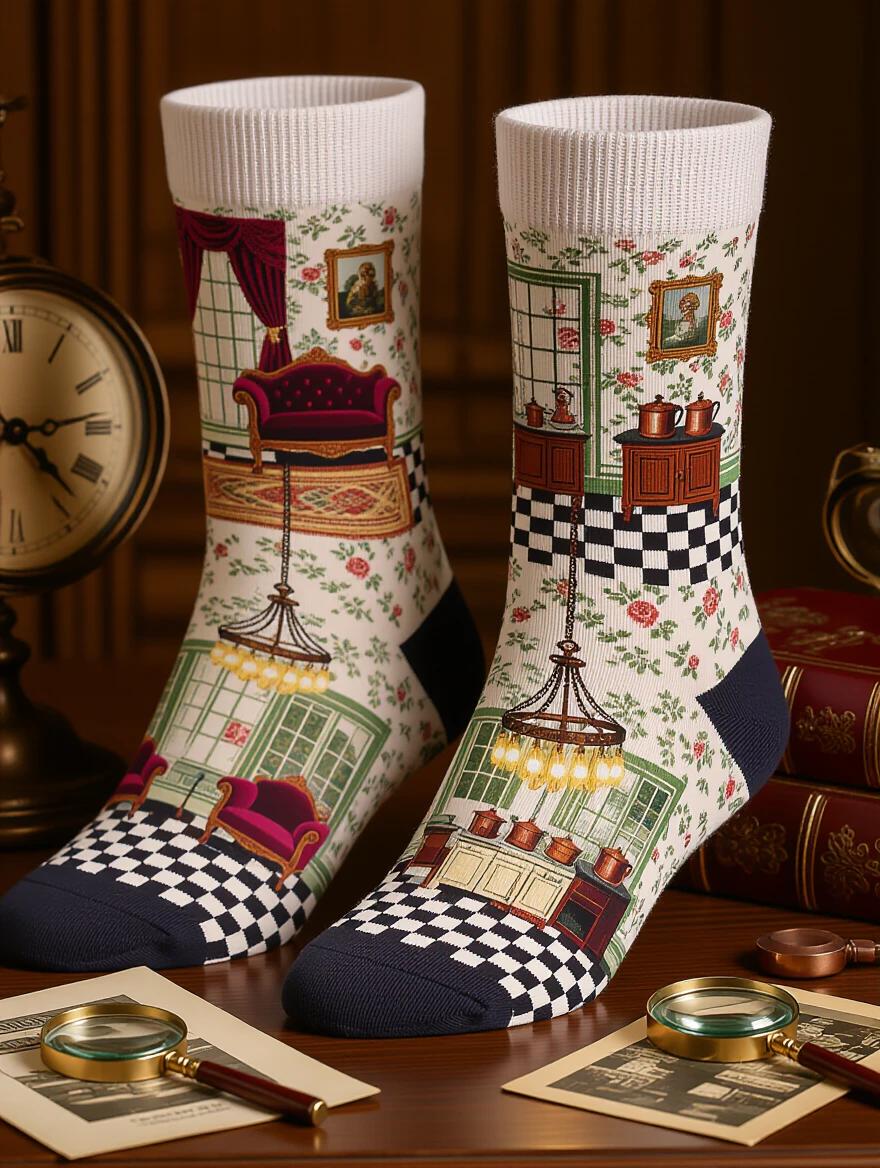 A flat lay of ankle socks designed as miniature Victorian dollhouse rooms. Each sock depicts a different room with furniture and wallpaper. One sock shows a parlor with floral wallpaper and a velvet sofa. The other sock displays a kitchen with a checkered floor and a miniature chandelier. Arranged on an antique wooden surface with vintage accessories and photographs. Warm, golden lighting creates a cozy atmosphere. Shot from above like examining collectibles. The detail invites viewers to explore every element.