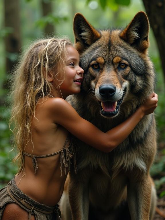 Tanned beautiful tribal girl hugging friendly big werewolf in rainforest. She is slim, covered in dirt. Girl has long blonde hair. Werewolf has open mouth and friendly demeanor. Both are looking at each other.