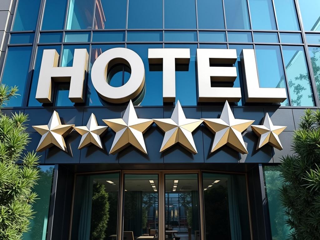 A modern four-star hotel stands prominently, showcasing its sleek design. The facade is made of glass, reflecting the blue sky and surrounding greenery. Large letters spell out 'HOTEL', emphasized by the shiny four stars beneath. Each star gleams with a polished finish, indicating the hotel’s quality. The building's contemporary architecture is complemented by the reflections visible in the glass. You can see hints of nearby buildings mirrored in the hotel’s windows. The overall atmosphere conveys elegance and sophistication, inviting potential guests to explore further.