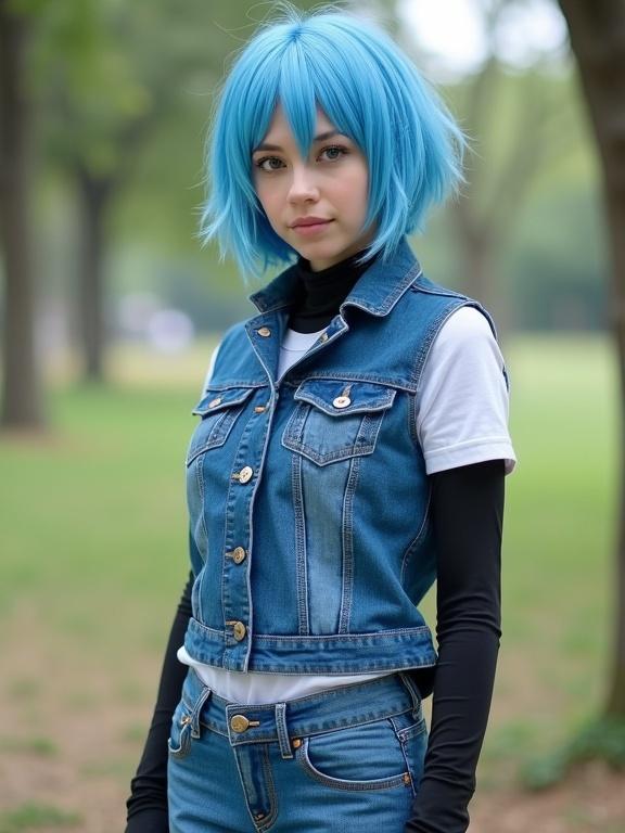 Android 18 from Dragon Ball in a medium shot. Wearing a blue denim vest and black sleeves. Underneath a white shirt. Blue jeans and black gloves. Short blue hair framing her face. Standing outdoors with trees and grass in the background. Professional portrait photography. Shallow depth of field and natural lighting.