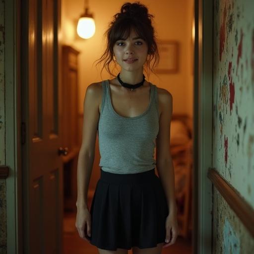A warm photograph shows a young woman in her mid-teens. She has a heart-shaped face with smooth, freckled skin and hazel eyes. Her dark brown hair is in a messy bun with loose strands. She stands in a dimly lit entryway wearing a gray tank top, black skirt, and scuffed sneakers. Her posture is open and inviting, and she has a polite smile.