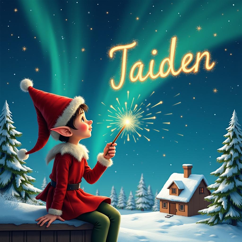 An elf sits on a wooden ledge, gazing at a magical sky with stars and Northern Lights. He is dressed in a red outfit and pointed hat, holding a sparkling wand. The elf writes 'Tibi' in the night sky. The scene is whimsical and captures childhood magic. In the background, charming little houses and evergreen trees are blanketed in snow as the elf writes 'Jaiden'.