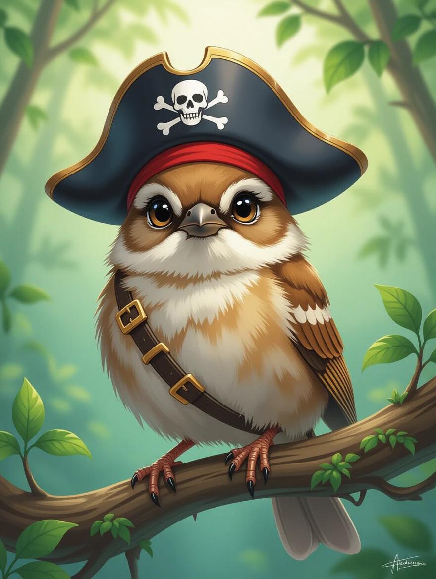A proud anthropomorphic sparrow is wearing a pirate cap. The sparrow is standing on a branch surrounded by green foliage. The illustration has a fantasy theme with vibrant colors. It showcases whimsical character design resembling the art styles of Awwchang and others.