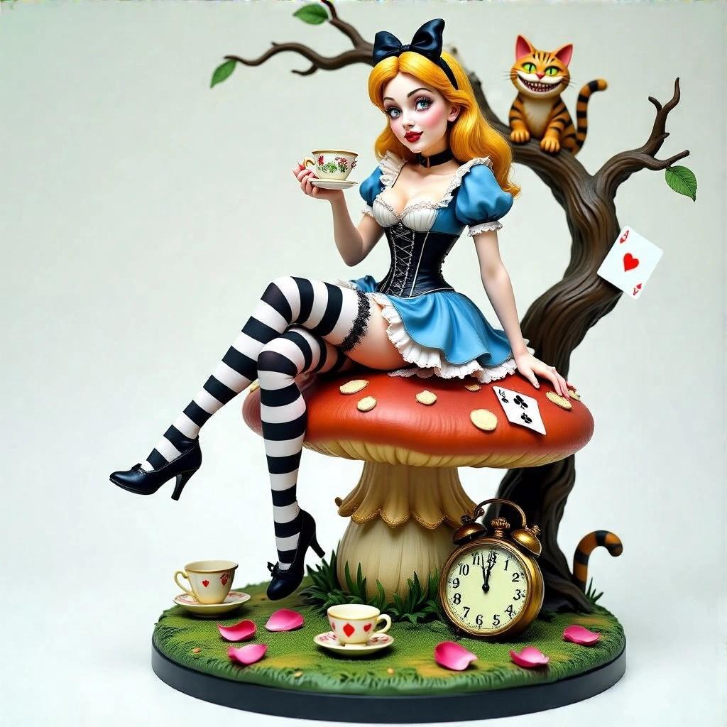 Detailed resin statue of Alice from Wonderland. Stylized and flirtatious woman atop a large decorative mushroom. Suggestive and elegant pose with a teacup. Outfit inspired by classic dress with corset and skirt. Striped stockings and lace details. Playful and confident expression. Small tree behind her with a grinning cat. Playing cards on the tree trunk. Base features pocket watch, overturned cups, petals, and teaspoons. Miniature theatrical scene with careful visual composition.