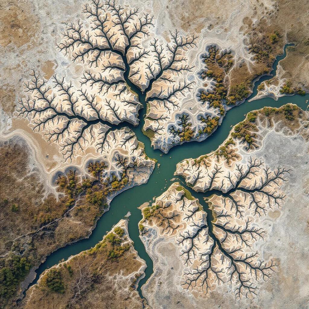 Aerial shot showcases a river delta structure resembling a living Mandelbrot. The delta has branches and veins of blue waterways amid sandy and textured land. Images displays intricate patterns of nature with vibrant greens scattered.