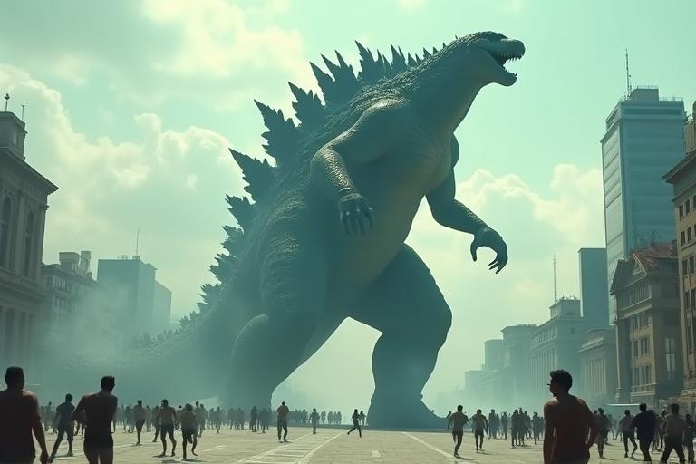 A large lizard resembling Godzilla towers over a city. Thick smoke fills the air as people run in fear. The creature has a sleek design and a greenish-blue hue.