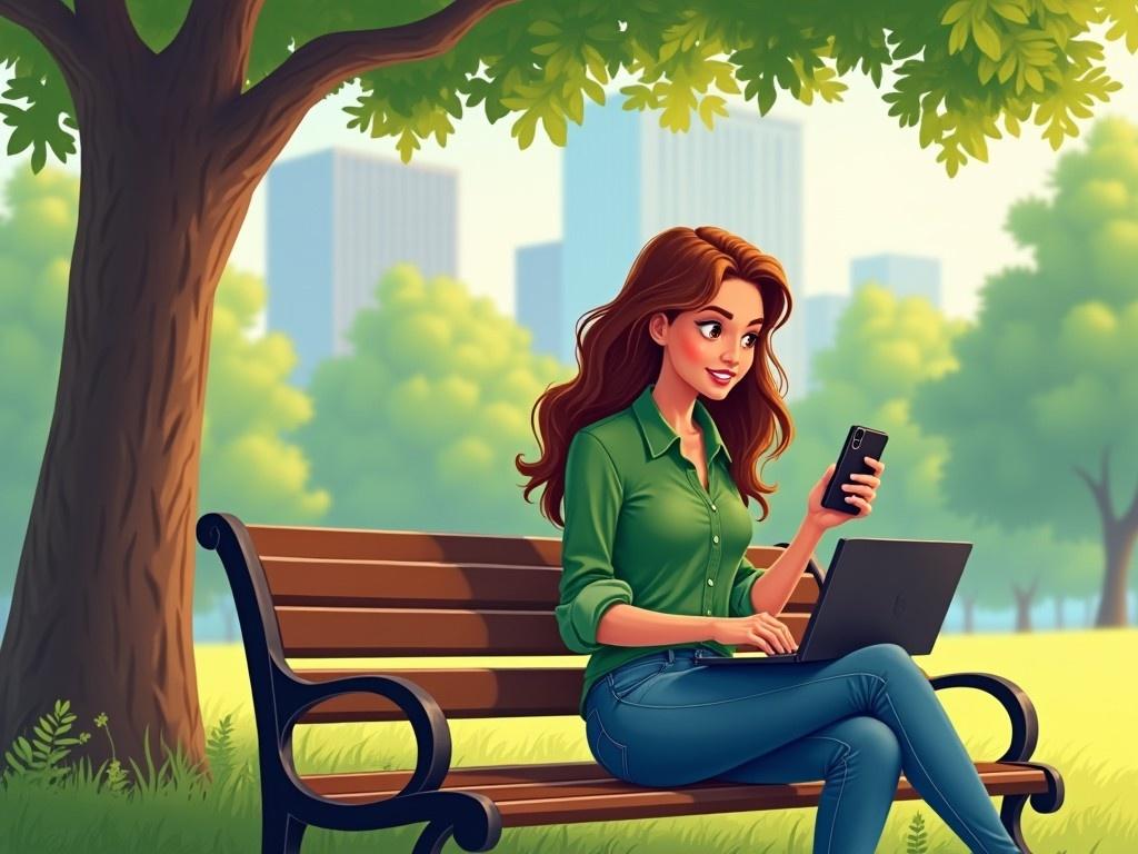 The image showcases a young woman comfortably seated on a park bench under a tree. She is engaged in multitasking, using a smartphone while typing on her laptop. Her outfit is stylish with a green shirt and jeans, complemented by her wavy hair. The surrounding environment is serene, filled with lush greenery. In the background, a glimpse of a city skyline adds an urban touch. The lighting is bright, indicating a sunny day. This blend of technology and nature creates a vibrant atmosphere.