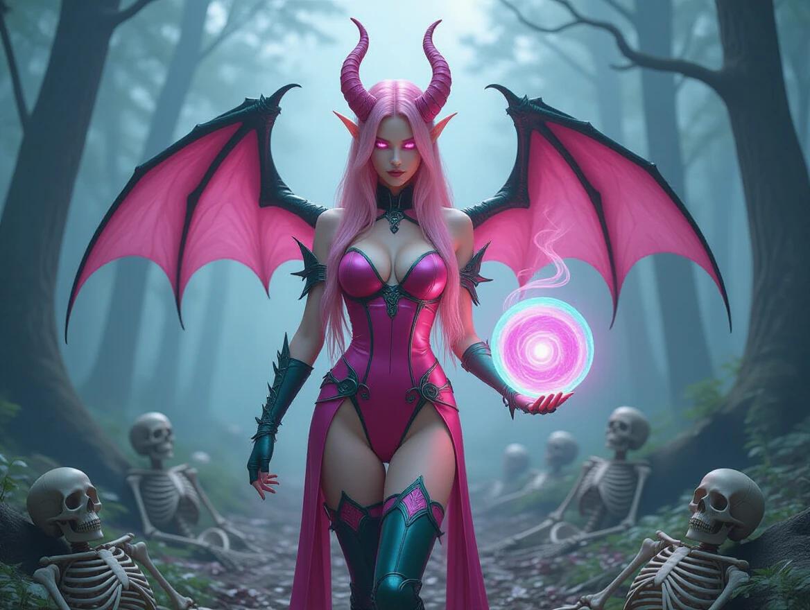 Fantasy scene of a female demon with long pink to blue ombré hair and glowing pink eyes. Demon wears a revealing pink bodysuit with teal accents. Character has pink horns and bat-like wings, standing in a misty forest. Skeletons surround the ground. Left hand holds a glowing swirling pink and teal orb.