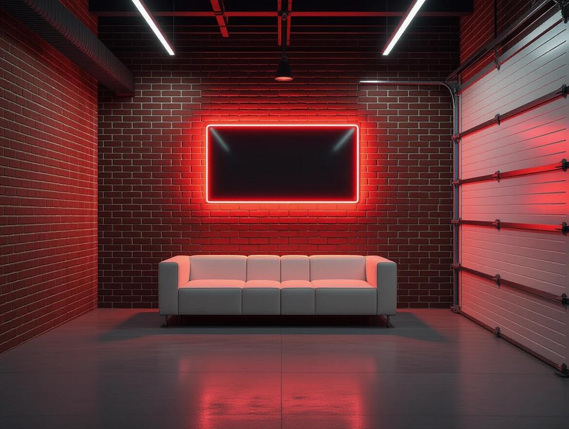 Dimly lit garage interior with reddish exposed brick wall and white sectional garage door. Features a black rectangular neon sign outlined in red. Close-up composition focuses on the sign and brick texture. Dramatic lighting creates an intimate atmosphere. High-resolution photorealistic render highlighting texture details.
