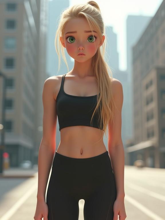Photorealistic image of a young girl with a blonde ponytail. She has smooth skin and big green eyes. The girl is skinny with an embarrassed expression. She wears a tube top and bike shorts. She stands timidly in a modern city with buildings in the background. The focus is on her vulnerable demeanor.