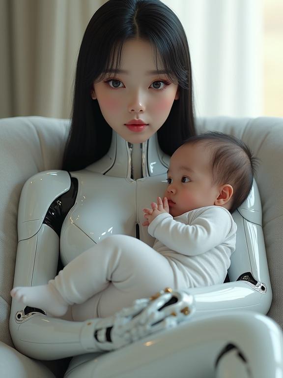 Futuristic female android holding baby. Sits on modern sofa in minimalist living room. Features glossy skin, vibrant eyes, and detailed hands. Soft ambient lighting with shallow depth. Photorealistic textures and cinematic quality.