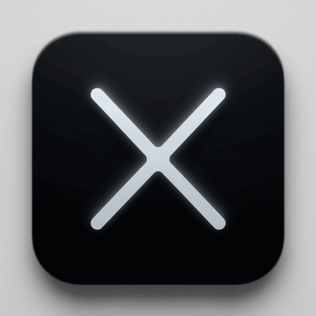 A sleek, rounded black square with a glowing white "X" in the center.