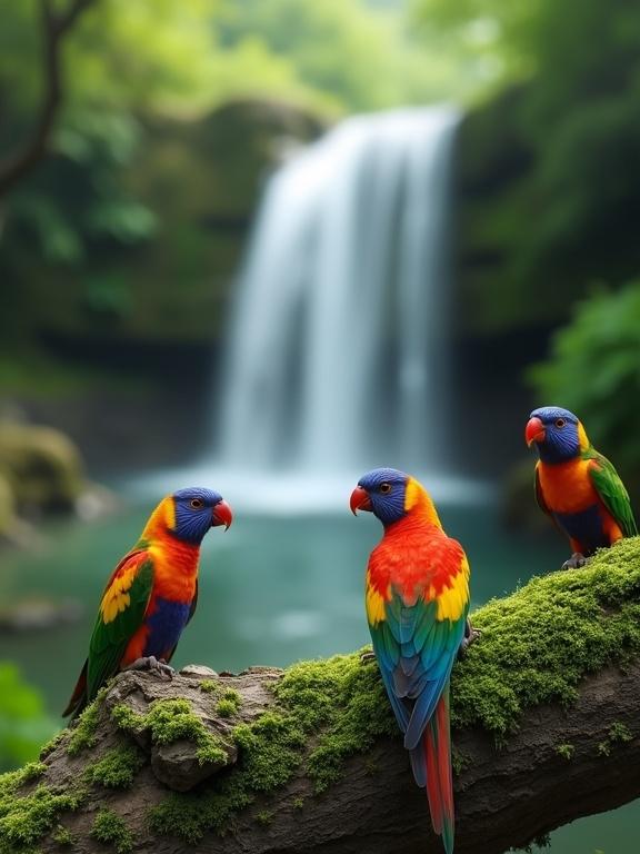 A vibrant scene of three colorful parrots perched on a mossy tree branch. The background features a stunning waterfall cascading down amid lush green vegetation. The environment is serene and encapsulates the beauty of nature.