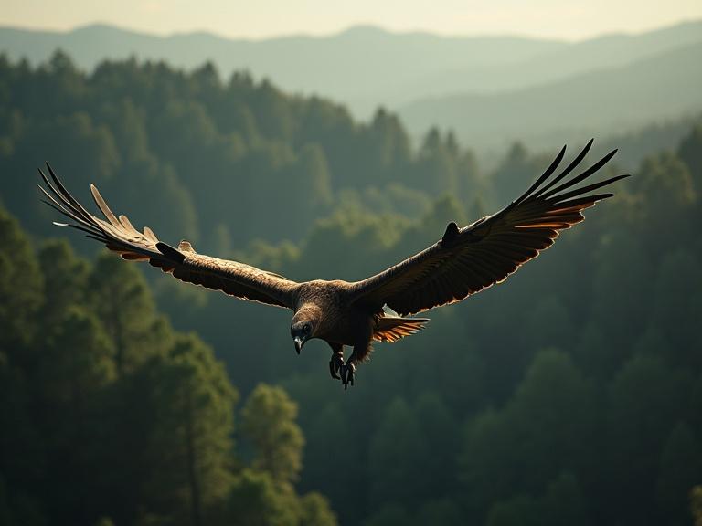 A vulture soaring over a dense forest. Aerial view shows the bird gliding with wings extended. Background features rolling mountains and a lush green landscape.