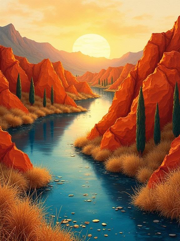 Luminous landscape at golden hour. Paper-cut ridges in sunbaked ochre glow. River winding through terrain. Surface flecked with liquid gold. Delicate sketches of cypress trees and cliffs. Metallic copper and pale gold accents. Foreground with summer foliage colors.