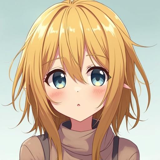Anime girl with messy tall gold hair and bluish gray eyes. The character features a serene expression with a gentle blush on her cheeks. She wears a high-neck sweater.