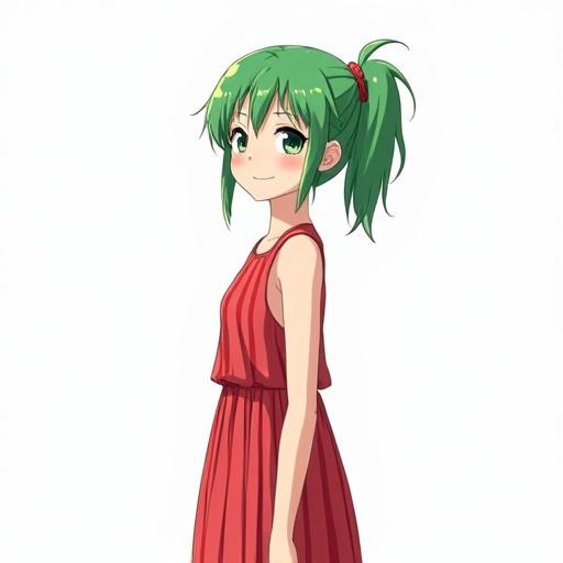 Anime girl with green hair standing close to the camera. She is smiling and looking at the camera. Only her head, shoulders, and part of her chest are visible. She wears a red striped dress against a white background.