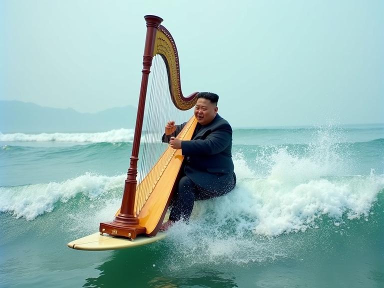 A figure playing a harp while surfing on ocean waves. Action of performing a barrel roll on the surf.