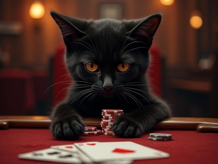 Realistic rendering of a young humanoid black cat sitting at a poker table holding two cards with one paw and pushing chips with the other. Smoky casino atmosphere with dim light.