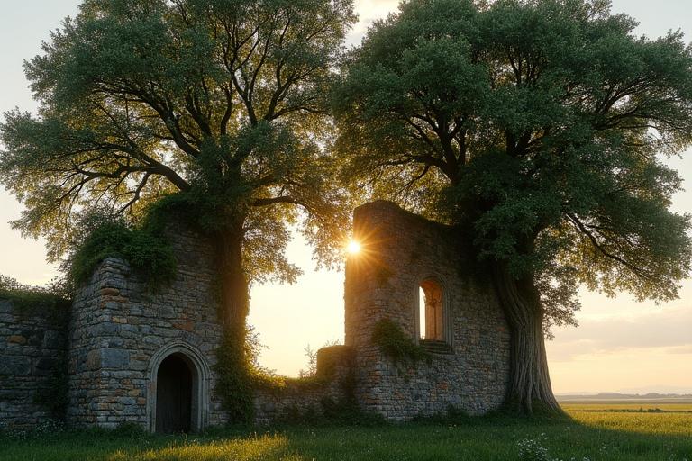 Ancient wall with large box trees. Vines and moss cover the stones. Romanesque double-arched window visible. Wide plain behind the window. Late summer evening light illuminating scene.