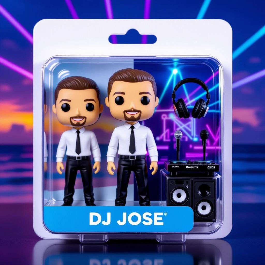 Minimalist, modern package with DJ JOSE figurine. Transparent blister pack shows full-body collectible. Features include headphones, DJ console, speaker, and accessories. Background combines tropical beach sunset with nightclub neon lights. Soft lighting and reflections.